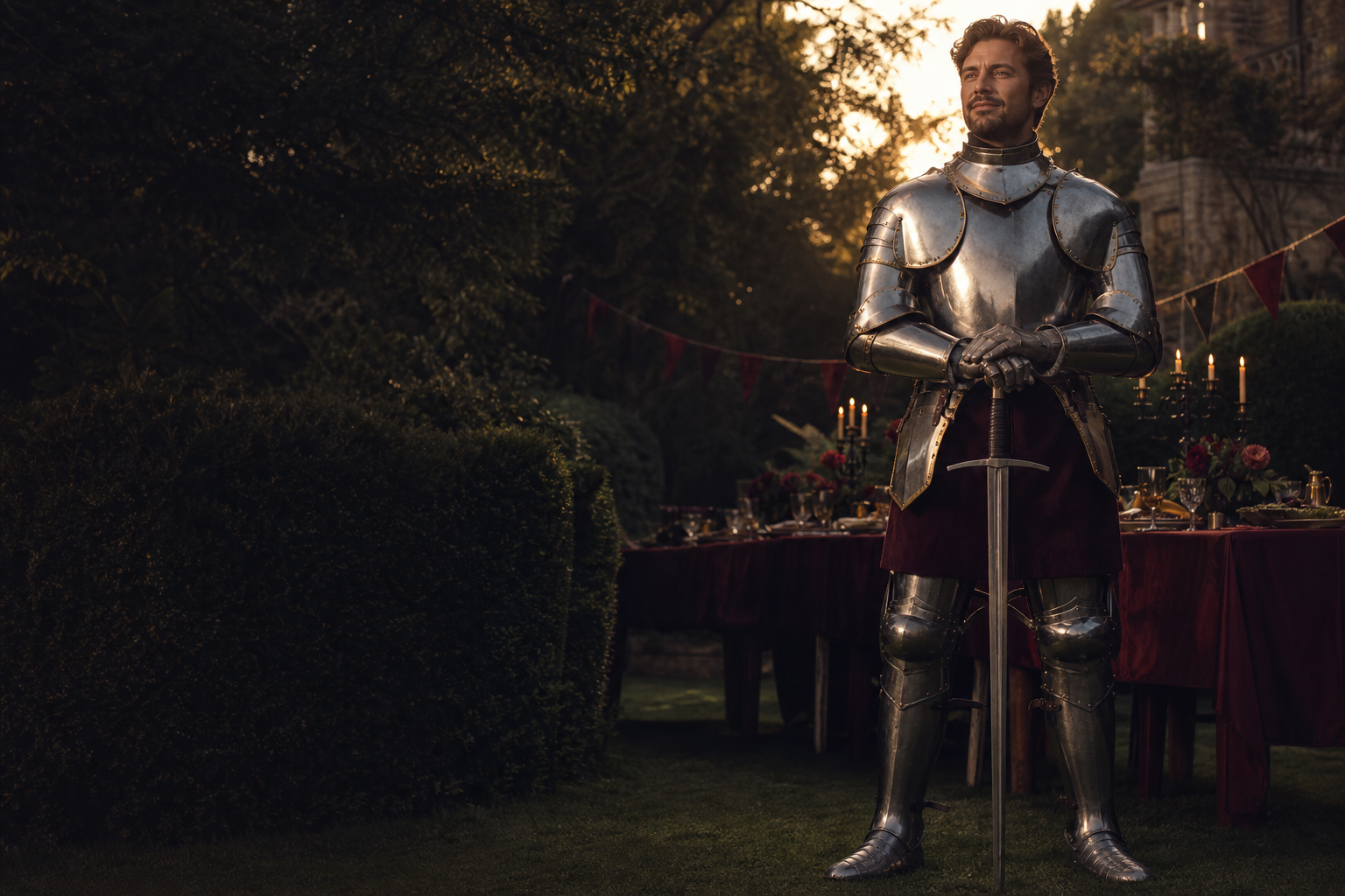 A knight in full plate armour standing in an English garden prepared for a celebration